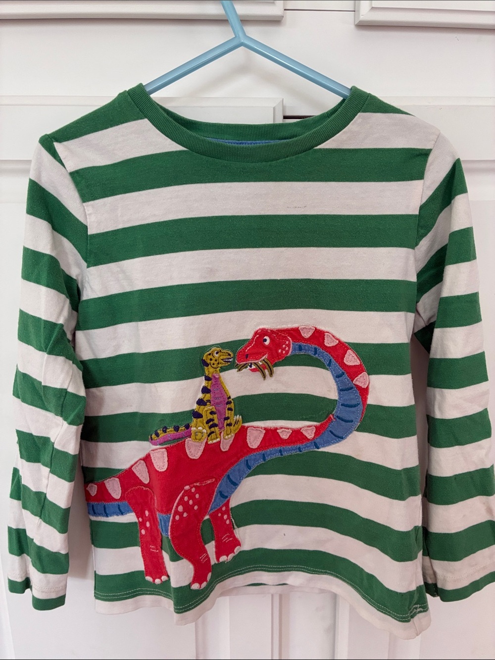 Mini Boden Green & White Striped Long Sleeve Top with Red Dinosaur Applique